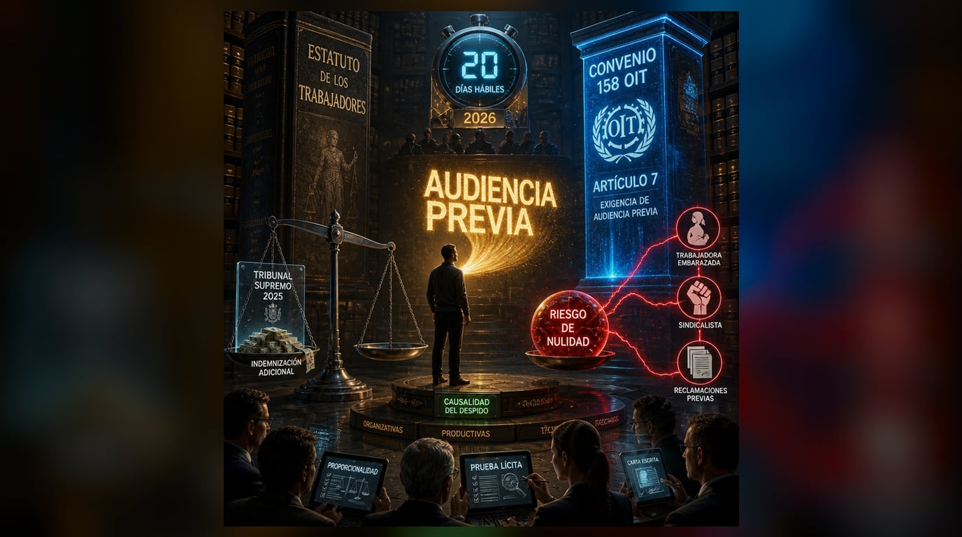 Guía profesional de despidos en España 2026: audiencia previa, calificación judicial e indemnización — ilustración editorial LexFlow