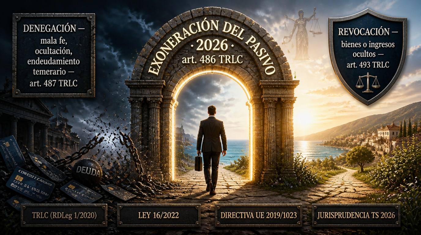 Segunda Oportunidad en España 2026: exoneración del pasivo insatisfecho — ilustración editorial LexFlow