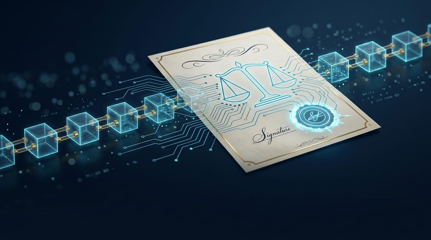 Documento jurídico con balanza de la justicia y firma digital conectado a una cadena de bloques luminosa: representación visual de un smart contract con validez jurídica analizado por LexFlow